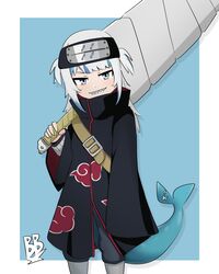  akatsuki_uniform blue_eyes blue_hair blue_tail briggbragg commentary cosplay english_commentary female fish_girl fish_tail forehead_protector gawr_gura grey_hair holding holding_sword holding_weapon hololive hololive_english hoshigaki_kisame hoshigaki_kisame_(cosplay) huge_weapon kirigakure_symbol monster_girl multicolored_hair naruto_(series) ninja over_shoulder samehada_(naruto) shark_girl shark_tail sharp_teeth solo sword sword_over_shoulder tail teeth trait_connection two-tone_hair virtual_youtuber weapon weapon_over_shoulder 