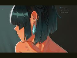  blush bob_cut bruise collarbone diagonal_bangs ear_blush ear_chain earrings female genshin_impact highres injury jewelry letterboxed lilac_alien patreon_logo patreon_username short_hair solo tiktok_logo tiktok_username twitter_logo twitter_username yelan_(genshin_impact) 