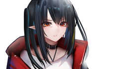  arknights bad_id bad_pixiv_id binggong_asylum black_choker black_hair choker closure_(arknights) commentary_request female halterneck highres jacket long_hair long_sleeves looking_at_viewer open_clothes open_jacket orange_eyes parted_lips pointy_ears shirt simple_background solo upper_body white_background white_shirt 