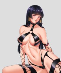  azur_lane bikini black_bikini black_hair blunt_bangs breasts collarbone dead_or_alive dead_or_alive_xtreme female gradient grey_background hair_tubes highleg highleg_swimsuit highres hime_cut large_breasts light_smile lips long_hair looking_at_viewer mole mole_under_mouth navel nyotengu nyotengu_(scarlet-tinged_hot_spring_vacation)_(doa) o-ring o-ring_bikini o-ring_swimsuit o-ring_top parted_lips purple_eyes revealing_clothes ryudraw simple_background sitting skindentation solo stomach swimsuit thigh_strap white_background zipper zipper_pull_tab 