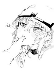  absurdres anger_vein biting biting_another&#039;s_finger blush choker female goggles goggles_on_head greyscale hair_between_eyes highres monochrome niwamaru_(niwarhythm) niwarhythm original short_hair simple_background solo_focus white_background 