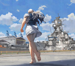 barefoot battleship blonde_hair blue_hair blue_sky cloud crane_(machine) dress female harbor highres hospital_gown kantai_collection kneepits long_hair military_vehicle multicolored_hair original personification phalanx_ciws radar ship ship_turret short_sleeves sky smokestack solo two-tone_hair uss_missouri_(bb-63) uss_missouri_(bb-63)_(personification) vehicle_and_personification warship watercraft white_dress ye_fan 