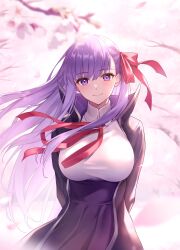  absurdres arms_behind_back bb_(fate) bb_(fate/extra) black_coat black_skirt blurry branch breasts cherry_blossoms closed_mouth coat collared_shirt depth_of_field falling_petals fate/extra fate/extra_ccc fate_(series) female hair_between_eyes hair_ribbon high-waist_skirt highres large_breasts long_hair long_sleeves looking_at_viewer neck_ribbon open_clothes open_coat outdoors petals pink_petals pleated_skirt popped_collar purple_eyes purple_hair red_ribbon ribbon sano_jinya shirt skirt smile solo straight-on taut_clothes taut_shirt white_petals white_shirt wind 