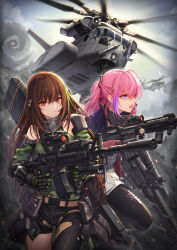  2girls absurdres aircraft ar-15 arm_strap assault_rifle asymmetrical_pants baek_hyang black_gloves black_pants blue_eyes breasts brown_eyes brown_hair buckle ch-53 city closed_mouth cloud cloudy_sky commentary detached_sleeves dual_wielding finger_on_trigger floating_hair gas_mask girls&#039;_frontline glint gloves green_hair green_sweater gun hair_between_eyes helicopter highres holding holding_gun holding_weapon jacket long_hair looking_at_viewer m4_carbine m4a1_(girls&#039;_frontline) m4a1_(mod3)_(girls&#039;_frontline) magazine_(weapon) mask military multicolored_hair multiple_girls open_mouth outdoors pants particle_cannon_case pink_hair ponytail pouch revision ribbed_sweater rifle running sidelocks skull_mask sky snap-fit_buckle st_ar-15_(girls&#039;_frontline) st_ar-15_(mod3)_(girls&#039;_frontline) streaked_hair suppressor sweater sweater_vest thigh_strap weapon weapon_bag wind 