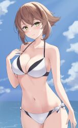  absurdres alternate_costume beach bikini black_bikini blue_sky brown_hair cloud day female flipped_hair green_eyes highres kantai_collection layered_bikini looking_at_viewer monoku multicolored_bikini mutsu_(kancolle) ocean outdoors short_hair side-tie_bikini_bottom sky smile solo swimsuit two-tone_bikini white_bikini 