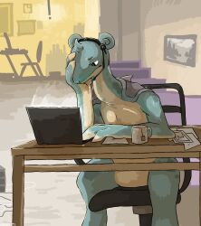  ambiguous_gender annoyed anthro blue_body blue_skin chair computer cubicle electronics furniture generation_1_pokemon graffiti_(artist) headset_microphone hi_res lapras laptop nintendo office office_chair pokemon pokemon_(species) shell simple_background solo 