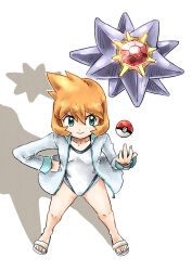  absurdres bare_legs blush breasts female green_eyes hand_on_own_hip highres holding holding_poke_ball jacket kasumi_(pokemon) kicdon legs long_sleeves looking_at_viewer navel one-piece_swimsuit open_clothes open_jacket orange_hair poke_ball poke_ball_(basic) pokemon pokemon_(creature) pokemon_gsc pokemon_hgss sandals shadow short_hair simple_background smile solo standing starmie swimsuit thighs white_background white_one-piece_swimsuit 
