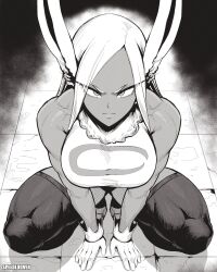  2024 absurd_res animal_humanoid breasts clothing crouching deltoids eyelashes female gloves greyscale hair handwear hi_res humanoid lagomorph lagomorph_humanoid legwear leotard leporid_humanoid long_eyelashes looking_at_viewer mammal mammal_humanoid monochrome muscular muscular_female my_hero_academia quads rabbit_humanoid rumi_usagiyama speedl00ver thigh_highs 