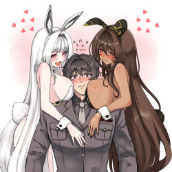  1boy 2girls 777_(nikke) animal_ear_headwear animal_ears ascot backless_leotard bare_shoulders black_ascot black_bow black_bowtie black_leotard blanc_(nikke) blush bow bowtie breast_press breast_smother breasts brown_hair commander_(nikke) dark-skinned_female dark_skin detached_collar face_to_breasts fake_animal_ears fake_tail fishnet_pantyhose fishnets girl_sandwich goddess_of_victory:_nikke highleg highleg_leotard hoshiberuu huge_breasts large_breasts leotard long_hair looking_at_viewer military_uniform multiple_girls noir_(nikke) open_mouth pantyhose playboy_bunny rabbit_ears rabbit_tail sandwiched siblings sisters smile straight strapless strapless_leotard tail twins upper_body very_long_hair white_hair white_leotard wrist_cuffs yellow_eyes 