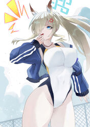  absurdres anger_vein animal_ear_fluff animal_ears blonde_hair blue_archive blue_eyes blue_halo blue_jacket breasts chain-link_fence cloud competition_swimsuit covered_navel cowboy_shot dog_ears dog_girl extra_ears female fence hair_over_one_eye halo highleg highleg_one-piece_swimsuit highres holding holding_whistle jacket kanna_(blue_archive) kanna_(swimsuit)_(blue_archive) kuromame_(meekaki96) large_breasts long_hair looking_at_viewer notched_ear notice_lines official_alternate_costume one-piece_swimsuit ponytail sky solo standing swimsuit whistle white_one-piece_swimsuit white_sky 