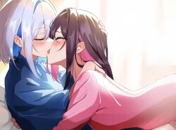  123haruno_oto 2girls alternate_costume amane_kanata azki_(hololive) blue_hair blue_shirt blush brown_hair closed_eyes colored_inner_hair commentary_request face-to-face french_kiss from_side hair_intakes highres hololive kissing long_hair medium_hair mole mole_under_eye multicolored_hair multiple_girls pink_hair pink_shirt profile shirt sidelocks upper_body virtual_youtuber white_hair yuri 