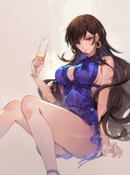  artist_name bare_arms bare_legs bare_shoulders black_hair breasts champagne_flute choker cleavage commentary crescent crescent_earrings cup dress drink drinking_glass earrings feet_out_of_frame female final_fantasy final_fantasy_vii final_fantasy_vii_remake highres holding holding_drink jewelry large_breasts long_hair looking_at_viewer nail_polish official_alternate_costume orange_sekaii purple_dress red_eyes ribbon_choker sideboob sitting sleeveless sleeveless_dress smile solo swept_bangs thick_thighs thighs tifa_lockhart tifa_lockhart_(refined_dress) very_long_hair 