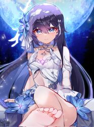  barefoot blue_eyes blue_flower blue_hair breasts closed_mouth dduehddueh dress female flower hair_flower hair_ornament highres honkai_(series) honkai_impact_3rd long_hair looking_at_viewer medium_breasts moon outdoors presenting_foot seele_vollerei seele_vollerei_(herrscher_of_rebirth) smile soles solo tattoo toes very_long_hair white_dress 