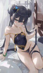  adapted_costume bare_shoulders black_hair black_panties blue_archive breasts butterfly_hair_ornament chinese_clothes collarbone dema_hmw double_bun dragon_print dudou female grey_eyes grey_halo hair_between_eyes hair_bun hair_ornament halo highres kisaki_(blue_archive) long_hair looking_at_viewer off_shoulder panties small_breasts solo thighs twintails underwear 