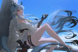  arknights barefoot black_gloves blue_hair blue_sky bowl cloud coat dragon_girl dragon_horns dragon_tail female floating_hair gae_tteok00 gloves highres holding holding_bowl horns ling_(arknights) long_hair long_sleeves looking_at_viewer open_clothes open_coat outdoors parted_lips pointy_ears sitting sky smile solo tail thighs very_long_hair white_coat 