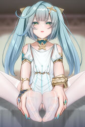  absurdres aqua_hair aqua_nails armlet armpit_cutout arrow_print atom_b blush clothing_cutout commission cowlick faruzan_(genshin_impact) feet female foot_focus foot_pussy foreshortening genshin_impact greek_toe green_eyes hair_ornament highres jewelry knees_apart_feet_together long_hair looking_at_viewer nail_polish neck_ring no_shoes pantyhose parted_lips pixiv_commission presenting_foot ring see-through_clothes see-through_legwear shoulder_cutout soles spread_toes symbol-shaped_pupils thighhighs toenail_polish toenails toes triangle-shaped_pupils twintails white_thighhighs wristlet x_hair_ornament 