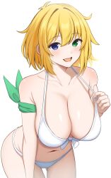  :d antenna_hair arm_scarf armpit_crease bare_arms bare_shoulders bikini blonde_hair blue_eyes blush breasts cleavage collarbone commentary_request cowboy_shot female front-tie_bikini_top front-tie_top green_eyes hair_between_eyes halterneck hand_up heterochromia highres large_breasts leaning_forward looking_at_viewer navel open_mouth paid_reward_available ryouna_(senran_kagura) senran_kagura short_hair simple_background smile solo standing stomach strap_lift surippa1010 swimsuit teeth upper_teeth_only white_background white_bikini 