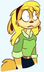  anthro blonde_hair blue_eyes clothed clothing distraught female fully_clothed fur hair hi_res jak_and_daxter mammal mustelid najalatte naughty_dog orange_body orange_fur ottsel simple_background simple_coloring solo sony_corporation sony_interactive_entertainment tail tess_(jak_and_daxter) white_background 