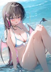  :d bikini black_choker black_hair breasts choker cleavage colored_inner_hair demon_girl demon_tail demon_wings feet_out_of_frame female large_breasts long_hair multicolored_hair oerba_yun_fang original pink_hair pon_(ponidrop) purple_eyes skin_fang smile solo swimsuit tail untied_bikini water white_bikini wings 