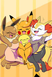  1boy 3girls between_breasts braixen brit_(joaoppereiraus) cosplay_pikachu eevee eve_(joaoppereiraus) joaoppereiraus kanna_(joaoppereiraus) leroy_(joaoppereiraus) pichu pikachu pikachu_libre pok&eacute;mon_(species) pokemon pokemon_(species) pokephilia wholesome 