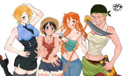  4girls arm_up bare_shoulders black_footwear black_hair black_necktie blonde_hair blue_pants blue_shorts breasts brown_hat cleavage dorokyunn genderswap_(mtf) green_hair green_tube_top hand_on_another&#039;s_shoulder hand_on_own_hip hat high_heels highres holding holding_sword holding_weapon leg_up log_pose long_hair looking_at_viewer midriff monkey_d._luffy multiple_girls nami_(one_piece) necktie one_eye_closed one_piece orange_hair pants parted_lips roronoa_zoro rule_63 sanji_(one_piece) scar scar_on_chest scar_on_face short_hair shorts signature simple_background strapless straw_hat sword tattoo tongue tongue_out tube_top weapon white_background 