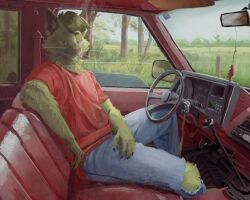  2024 5:4 anthro biped car_interior domestic_cat felid feline felis fur green_body green_fur latrans looking_at_viewer male mammal slim_anthro slim_male solo 