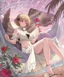  anklet arch armlet bare_shoulders beach bikini black_bikini black_ribbon blush bow breasts cleavage collar commentary_request company_name cup curvy detached_collar falling_petals female flip-flops floral_arch flower flower_ornament foliage freyja_(shadowverse) frilled_wristband from_below hair_ribbon hammock highres holding holding_cup horizon jewelry large_breasts looking_at_viewer navel ocean official_art outdoors palm_leaf parted_lips petals red_flower ribbon rwael sandals sarong shadowverse shirt sitting smile solo summer sunset swimsuit thick_thighs thighs watermark white_bow white_collar white_shirt 