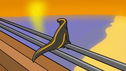  ambiguous_gender animated anthro beach black_body blue-tailed_skink closed_eyes digital_media_(artwork) happy lizard loop orange_sky outside pier railing reptile scalie sea seaside short_playtime sitting skink sky smile solo stripes sunset tail tail_motion tailwag water yellow_stripes youdumbbutt 