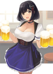  :d alcohol alternate_costume barmaid beer beer_mug black_hair bodice breasts brown_eyes cleavage commentary_request cup dirndl female german_clothes haguro_(kancolle) hair_ornament holding holding_cup kantai_collection large_breasts looking_at_viewer mug short_hair smile solo tomoyo_kai 