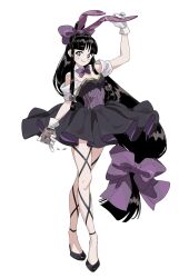  animal_ears black_dress black_footwear black_hair blue_eyes blunt_bangs bow bowtie card corset deck_of_cards detached_collar dress fake_animal_ears female full_body gloves gyakuten_saiban hair_bobbles hair_ornament hair_ribbon highres holding holding_card long_hair maya_fey omen_hohoho purple_bow purple_bowtie purple_corset rabbit_ears ribbon signature simple_background solo topknot very_long_hair white_background white_gloves 