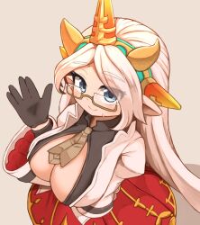  alternate_breast_size black_gloves breasts cleavage female glasses gloves granblue_fantasy hairband harvin hidemushi highres large_breasts long_hair looking_at_viewer pointy_ears semi-rimless_eyewear simple_background solo under-rim_eyewear very_long_hair white_hair zahlhamelina 