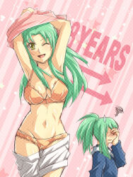  1boy aged_up blush bra breasts cleavage covering_face female green_hair large_breasts long_hair long_sleeves lua_(yu-gi-oh!) luca_(yu-gi-oh!) midriff mugicha_(sukimachaya) navel one_eye_closed open_mouth panties pink_background pink_shirt ponytail shirt shorts siblings smile solo_focus twins underwear undressing white_shorts yellow_bra yellow_panties yu-gi-oh! yu-gi-oh!_5d&#039;s 