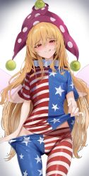  258n :q absurdres american_flag american_flag_pants american_flag_print american_flag_shirt blonde_hair blush clownpiece cowboy_shot fairy_wings female flag_print groin hat highres jester_cap long_hair looking_at_viewer mixed-language_commentary pants pink_wings polka_dot_headwear print_pants print_shirt red_eyes shirt short_sleeves simple_background smile solo split-color_clothes tongue tongue_out touhou very_long_hair wings 