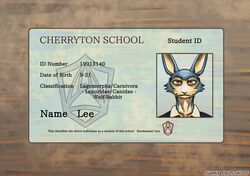  absurd_res anthro beastars bust_portrait canid canine canis clothing colored domestic_rabbit english_text fur grey_body grey_fur hi_res hybrid id_card id_number identification insignia lagomorph lee_(greatlizardwizard) legoshi&#039;s_chimera_(beastars) leporid male mammal multicolored_body multicolored_fur number oryctolagus portrait rabbit school_uniform solo student sunny_frostwolf text two_tone_body two_tone_fur uniform wolf 