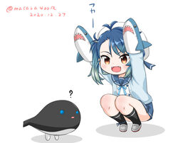  black_socks blue_cardigan blue_hair blue_neckerchief blue_sailor_collar blue_skirt brown_eyes cardigan commentary_request fangs female fukae_(kancolle) gradient_hair hand_puppet hat i-class_destroyer kantai_collection kneehighs kuchiku_i-kyuu masara_(chuujou) multicolored_hair neckerchief one-hour_drawing_challenge pleated_skirt puppet sailor_collar sailor_hat school_uniform serafuku shark short_hair side_ponytail sidelocks simple_background skirt socks white_background white_headwear 