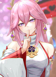  animal_ears bare_shoulders breasts closed_mouth commentary earrings female finger_to_mouth fox_ears genshin_impact hand_up index_finger_raised japanese_clothes jewelry large_breasts long_hair looking_at_viewer moppo pink_hair purple_eyes smile solo upper_body yae_miko 