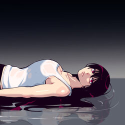  breasts butter_sugoi cleavage female from_side frown gradient_background highres large_breasts lips long_bangs long_hair looking_at_viewer lying on_back original red_eyes red_hair reflection reflective_water ringed_eyes ripples solo tank_top upper_body very_long_hair wet wet_clothes white_tank_top 