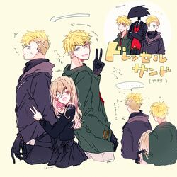  3boys amputee animal_head anti-eyebrow_piercing black_choker black_dress black_jacket black_necktie black_skin black_suit blonde_hair brothers burn_scar caron_(higyaku_no_noel) choker colored_skin demon_boy dress eyepatch female formal frilled_choker frills fugo_dressel green_eyes higyaku_no_noel hood jacket long_hair medical_eyepatch mo7kazu7 multiple_boys necktie noel_cerquetti oscar_dressel scar short_hair siblings smile suit v 