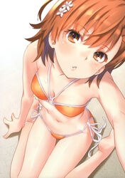  absurdres animal_ears bad_hands bare_arms bare_legs bare_shoulders barefoot bikini blush breasts brown_eyes brown_hair fake_animal_ears female flower halterneck highres lips looking_at_viewer misaka_mikoto navel non-web_source orange_bikini parted_lips photoshop_(medium) raika9 scan selfie shiny_skin side-tie_bikini_bottom simple_background sitting small_breasts solo stomach swimsuit thighs toaru_kagaku_no_railgun toaru_majutsu_no_index wariza 