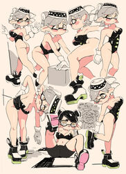  +_+ 2girls armpits ass black_footwear black_hair black_leotard black_shorts blush breasts callie_(splatoon) cleavage crop_top detached_collar grey_hair highleg highleg_leotard inkling leaning_forward leg_up leotard marie_(splatoon) medium_breasts midriff mole mole_under_eye multiple_girls multiple_views navel shoes shorts splatoon_(series) thong_leotard yellow_eyes yuta_agc 