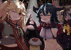  3girls azur_lane bar_(place) black_cape black_gloves black_hair blonde_hair bluecher_(azur_lane) bodystocking breasts bruenhilde_(azur_lane) cake cape closed_eyes cross echo_(lowlow808) food gloves hair_between_eyes highres holding holding_cake holding_food indoors iron_cross jacket long_hair looking_at_viewer manjuu_(azur_lane) medium_breasts midriff midriff_peek multicolored_clothes multicolored_hair multicolored_jacket multicolored_scarf multiple_girls one_eye_closed partially_fingerless_gloves plaid plaid_skirt red_eyes red_scarf red_skirt scarf sharp_teeth short_hair sitting skirt small_breasts smile split-color_hair stomach teeth twintails two-tone_gloves two-tone_hair two-tone_jacket very_long_hair white_hair z16_(azur_lane) 