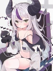  ahoge animal bad_id bad_twitter_id bare_shoulders bikini bird bird_on_hand black_bikini black_horns blush bow braid braided_bangs breasts chair cleavage collarbone crow crow_(la+_darknesss) demon_girl demon_horns feet_out_of_frame female from_side grey_hair hair_between_eyes hand_up highres hololive horns jacket la+_darknesss long_hair long_sleeves looking_at_viewer multicolored_hair nail_polish navel nocchi_(r_ws2l) off_shoulder on_chair open_clothes open_jacket panties parted_lips petite pointy_ears puffy_long_sleeves puffy_sleeves purple_hair purple_nails ribbon simple_background sitting sleeves_past_wrists small_breasts solo stomach strap_slip streaked_hair striped_horns swimsuit tail thighhighs thighs two-tone_hair underwear v-shaped_eyebrows very_long_hair virtual_youtuber white_background white_bow white_jacket white_thighhighs yellow_eyes 