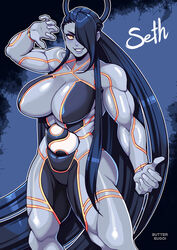  absurdly_long_hair artist_name black_hair breasts butter_sugoi character_name colored_skin commentary english_commentary eyebrows_hidden_by_hair female female_seth_(street_fighter) grey_skin hair_over_one_eye highres large_breasts long_hair metal_skin muscular muscular_female orange_eyes orb parted_lips single_hair_ring smile street_fighter street_fighter_v thick_thighs thighs v-shaped_eyebrows very_long_hair yin_yang yin_yang_orb 