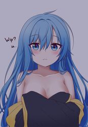  blue_eyes blue_hair blush breasts cleavage closed_mouth elie_wayne female highres jan_azure large_breasts long_hair looking_at_viewer original solo unfinished upper_body 