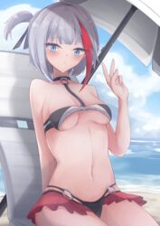  absurdres adapted_costume admiral_graf_spee_(azur_lane) arm_behind_back azur_lane bad_id bad_pixiv_id beach bikini bikini_skirt black_bikini black_choker blue_eyes blush breasts choker expressionless female groin hand_up highres looking_at_viewer medium_breasts medium_hair multicolored_hair navel o-ring o-ring_bikini o-ring_bottom o-ring_choker o-ring_top ocean osatou_(soul_of_sugar) outdoors parasol pleated_skirt red_hair red_skirt side_ponytail sitting skirt solo stomach streaked_hair swimsuit thighs two-tone_hair umbrella underboob v white_hair 