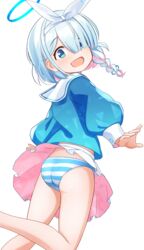  :d arms_at_sides arona_(blue_archive) blue_archive blue_hair blue_hairband blue_panties blue_sailor_collar blush bow braid female hair_over_one_eye hairband hairbow halo highres leg_up light_blue_hair looking_at_viewer open_mouth panties pantyshot pleated_skirt puffy_short_sleeves puffy_sleeves sailor_collar short_hair short_sleeves side_braid simple_background single_braid skirt smile solo striped_clothes striped_panties underwear upskirt white_background white_panties white_skirt yotubawatane 