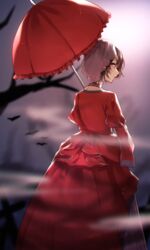  aryuma772 banica_conchita bat_(animal) blurry blurry_background brown_hair chaban_capriccio_(vocaloid) choker closed_mouth commentary dress evillious_nendaiki female frilled_umbrella frills from_behind highres holding holding_umbrella long_dress long_sleeves looking_at_viewer looking_back master_of_the_graveyard_(vocaloid) meiko_(vocaloid) orange_eyes red_dress red_umbrella short_hair solo tombstone umbrella veil vocaloid 