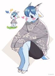  animal_crossing anthro anthrofied barefoot blue_body blue_fur blush bottomwear bovid caprine chibi clothing cloven_hooves feet fur goat heart_symbol hi_res hooves horn male mammal nintendo oversized_clothing oversized_shirt oversized_topwear sherb_(animal_crossing) shirt shorts sitting solo sweater topwear zuekrz 