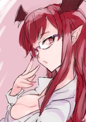  bespectacled breasts cleavage female from_above glasses hand_up head_wings koakuma large_breasts long_hair looking_at_viewer nail_polish pink_background pointy_ears red_eyes red_hair red_nails semi-rimless_eyewear shirt sidelocks simple_background sinzan solo touhou wings 