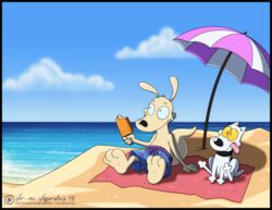  3_toes anthro beach beach_blanket beach_umbrella blue_sky canid canine canis cloud collar domestic_dog duo feet food ice_cream_bar macropod male mammal marsupial nickelodeon parasol popsicle rocko&#039;s_modern_life rocko_rama seaside shadow sitting sky spunky_(rocko&#039;s_modern_life) summer text toes tongue tongue_out umbrella url vir-no-vigoratus wallaby water yellow_sclera 